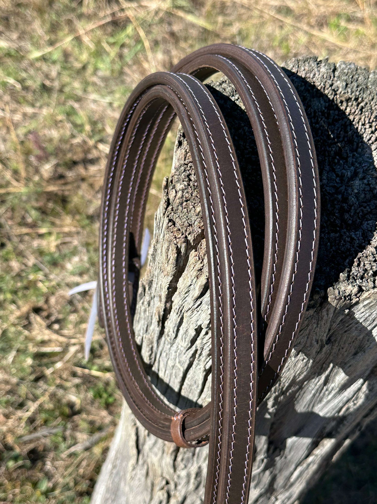 Dustybutts 5/8” Oiled Harness Leather Split Reins // Light Purple Stitching & Ties