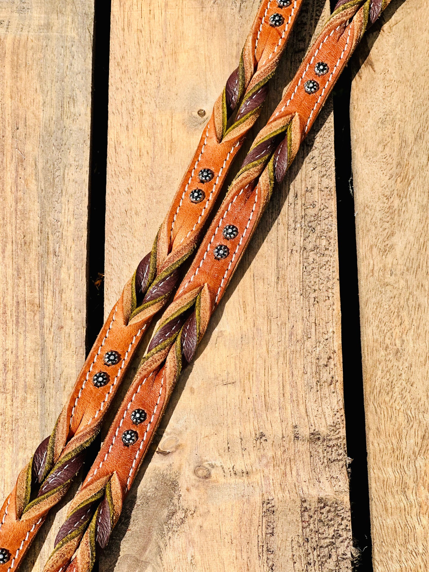 Dustybutts Harness Leather Bloodknot Barrel / Roping Reins With Sunspot Studs