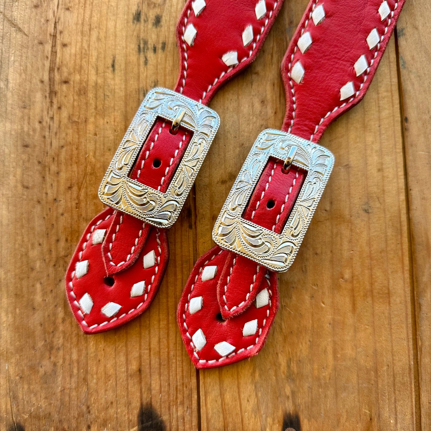 Red Leather Spur Straps With White Buckstitch