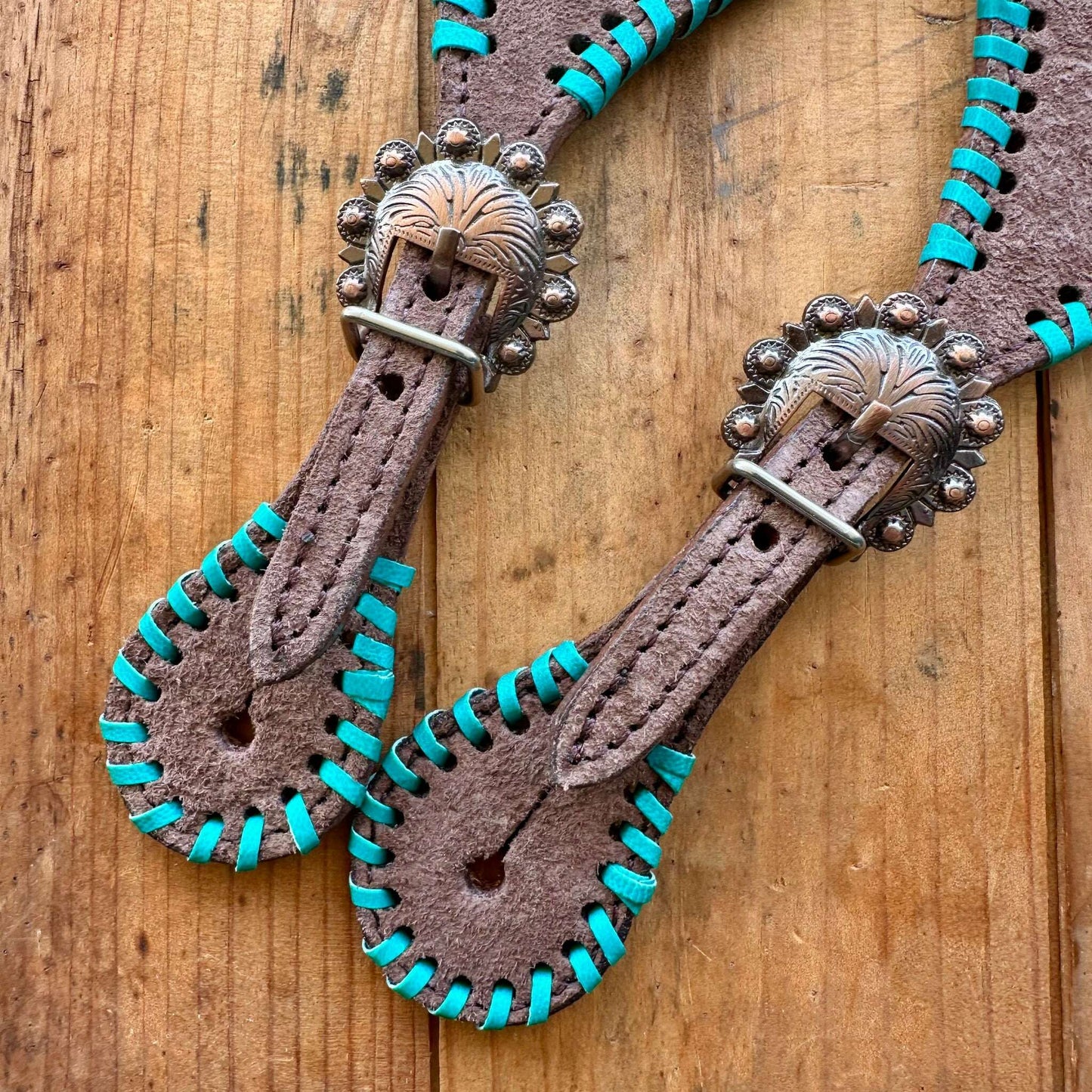 Ladies Leather Spur Straps With Teal Whip Stitch Trim