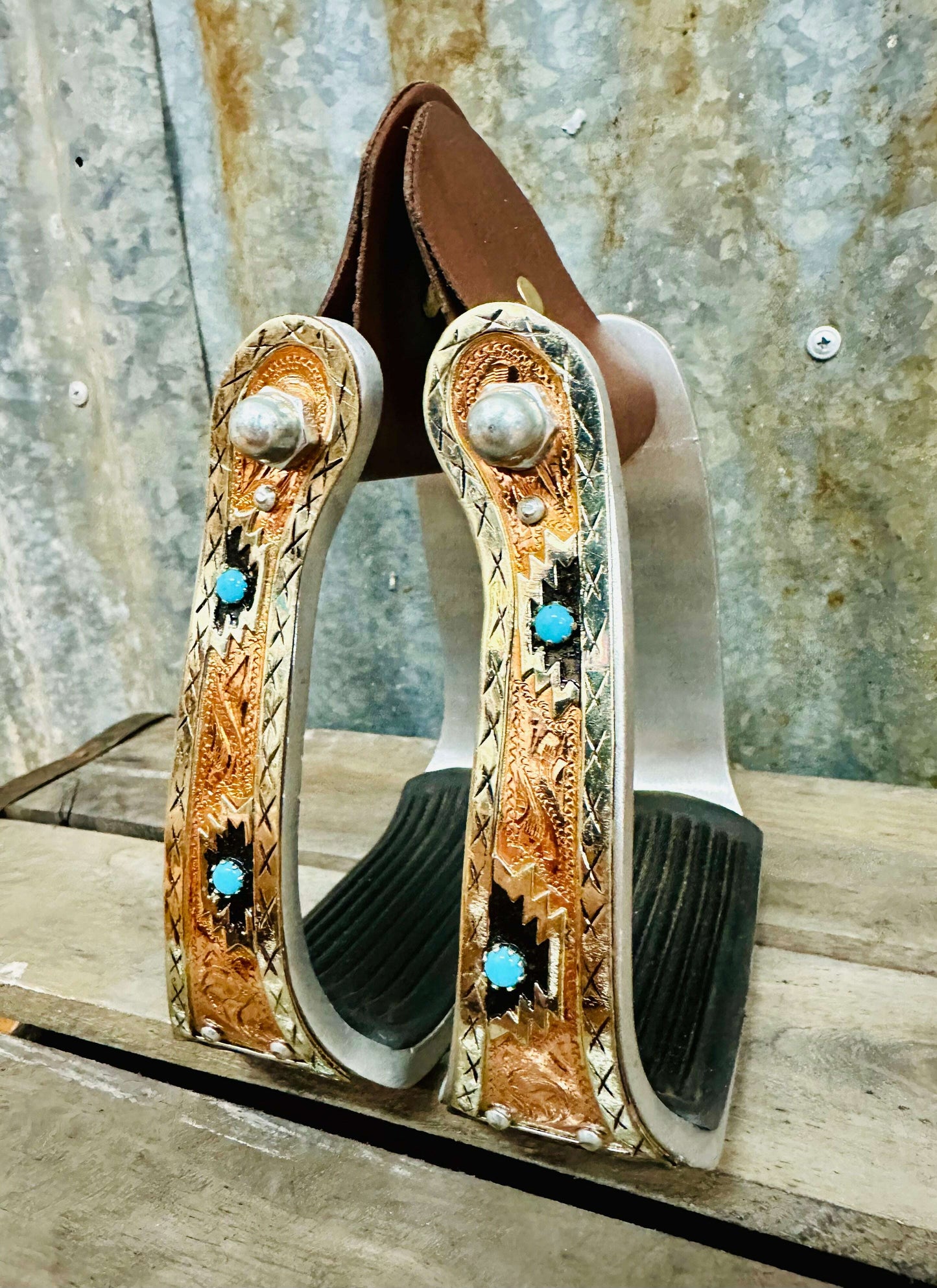 aluminium-copper-aztec-stirrups-with-turquoise-stones-stirrups---dustybutts-australia-35929595