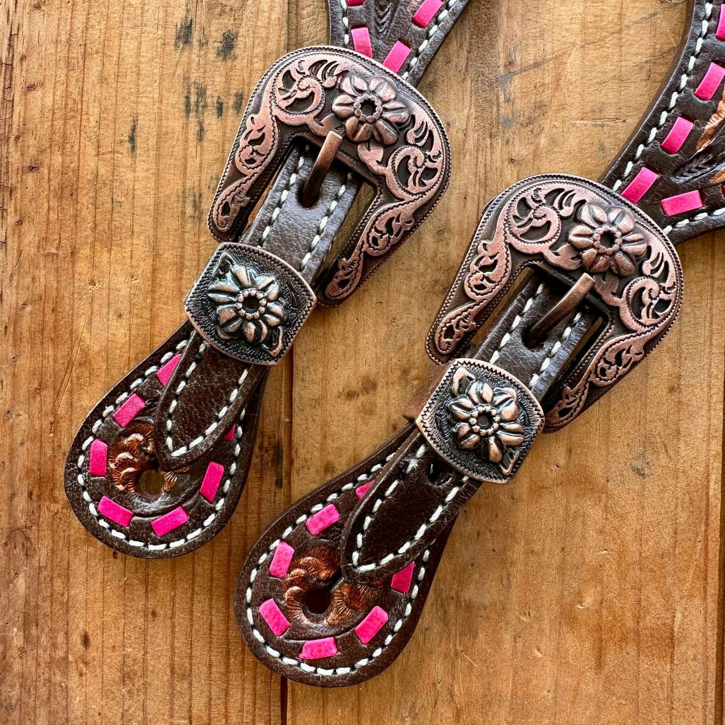 Leather Spur Straps With Floral Design & Pink Buckstitch