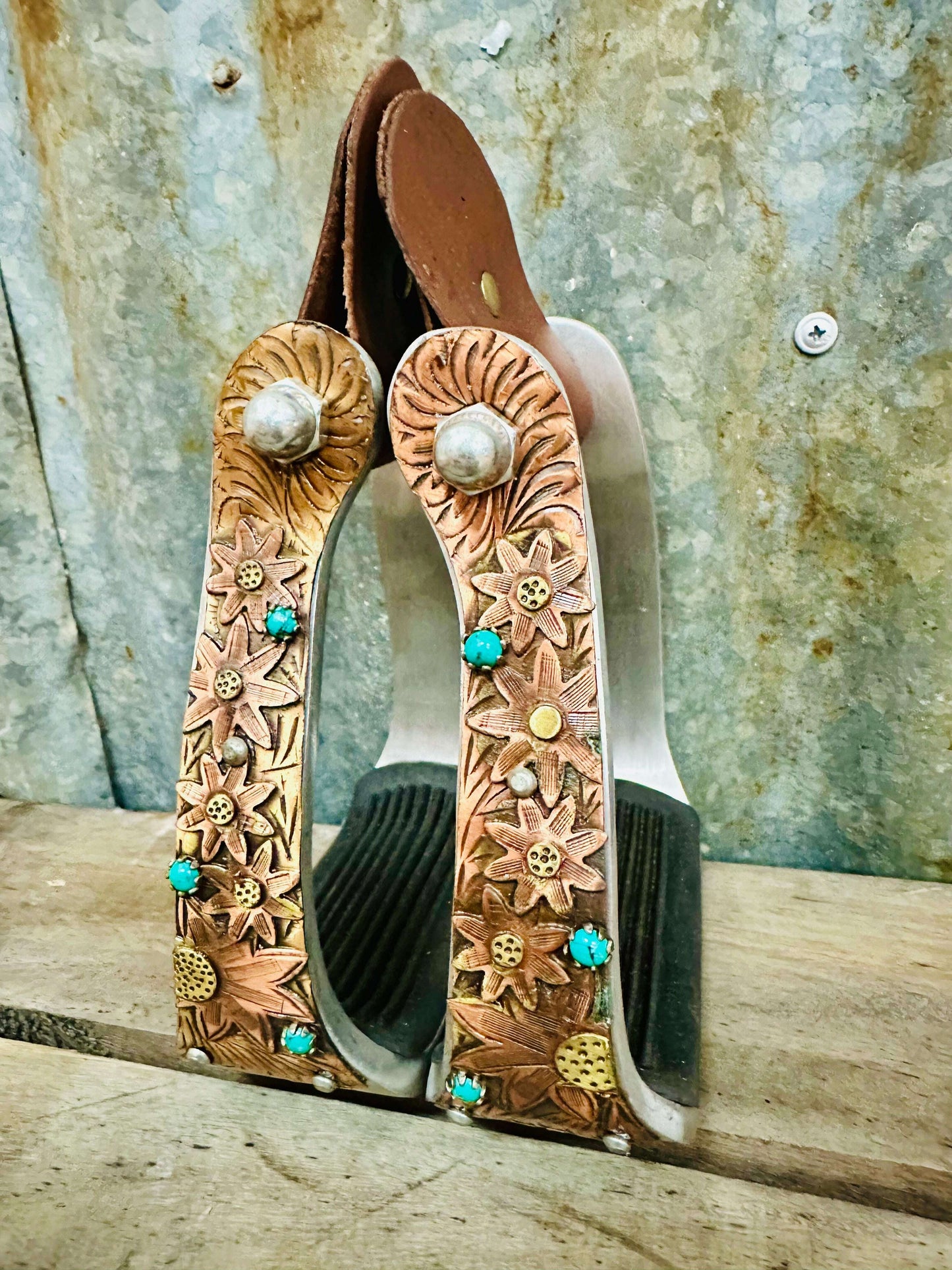 aluminium-copper-flower-stirrups-with-turquoise-stones-stirrups---dustybutts-australia-35929607