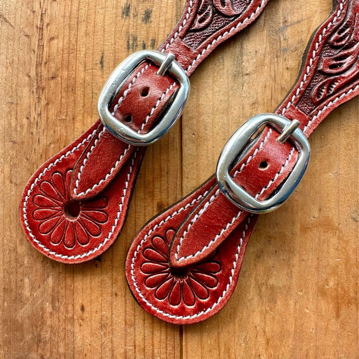 Burgundy Leather Floral Tooled Spur Straps