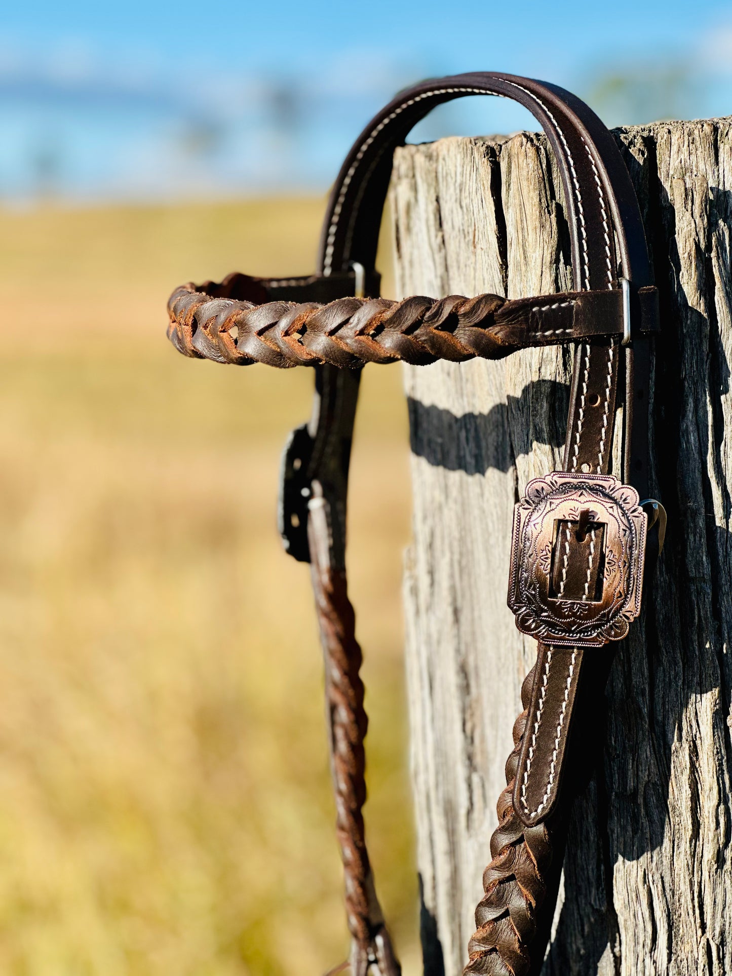 Harness Leather Braided Browband Bridle With Copper Engraved Buckle