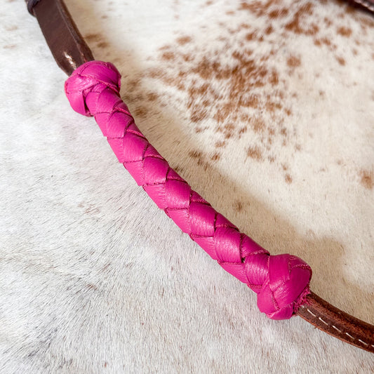 Dustybutts Rolled Harness Braided Leather Quirt / Pink