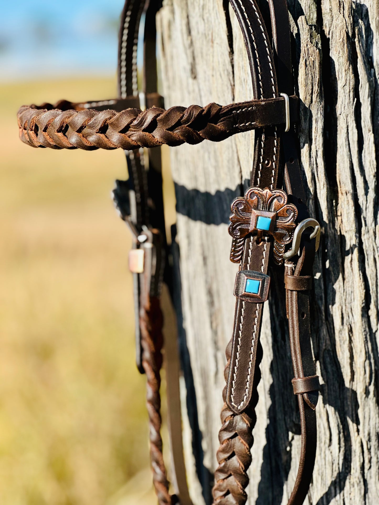 Harness Leather Braided Browband Bridle With Copper Buckle & Turquoise Stone Detail