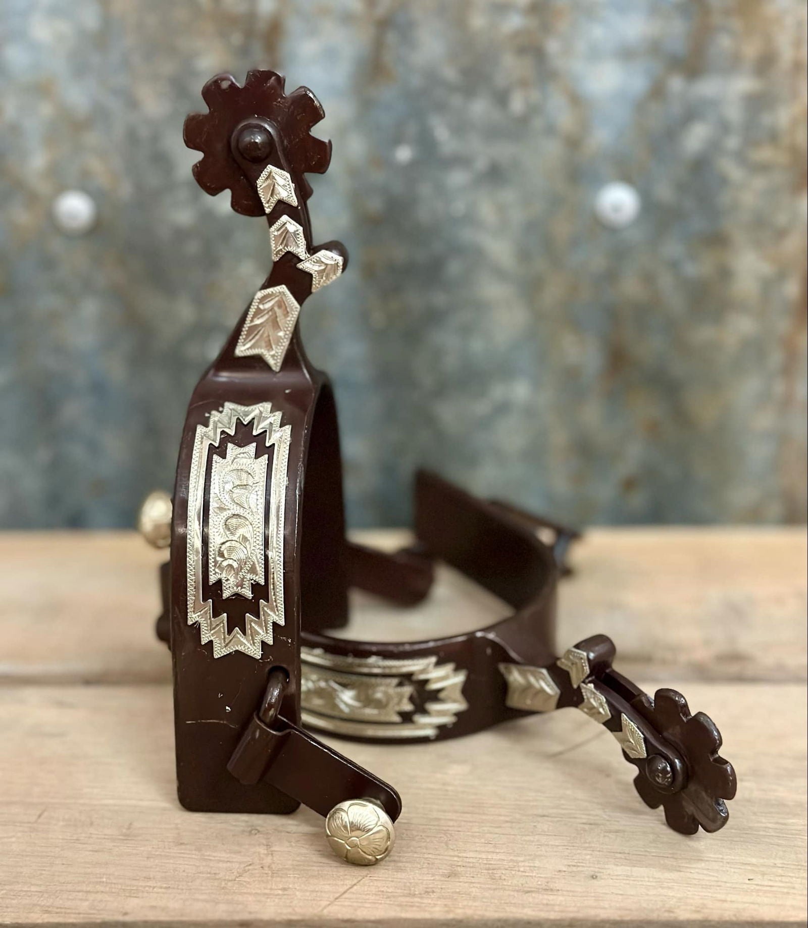 Antique Brown Show Spur With Silver Southwest Design - Dustybutts Australia