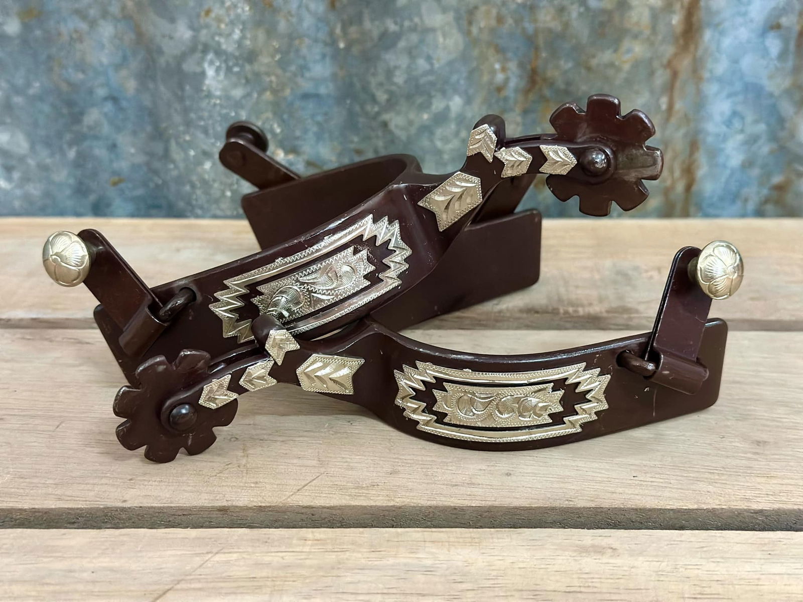 Antique Brown Show Spur With Silver Southwest Design - Dustybutts Australia