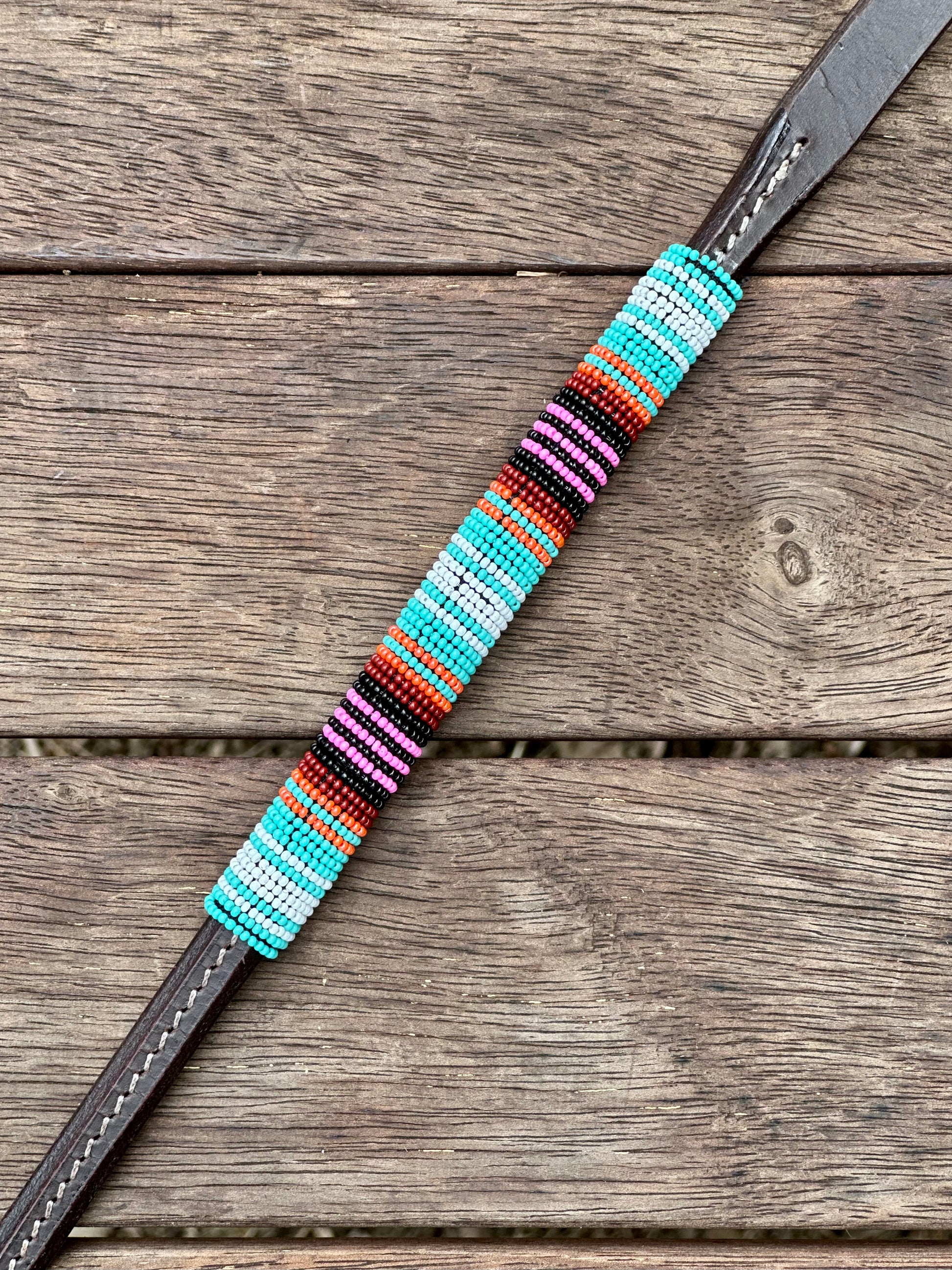 Dustybutts Beaded Rolled Harness  Leather Over N Under / Turquoise Serape - Dustybutts Australia