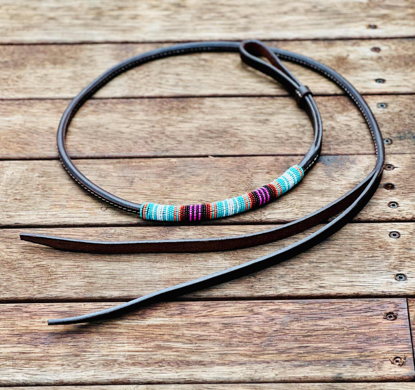 Dustybutts Beaded Rolled Harness Leather Over N Under / Turquoise Serape