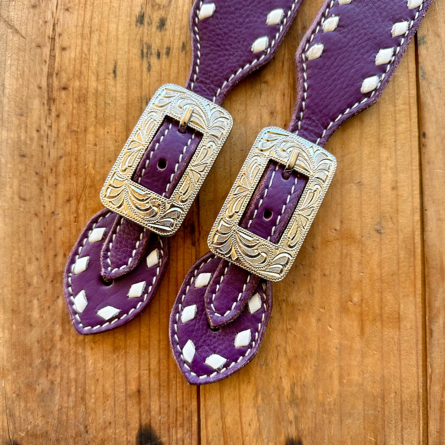 Purple Leather Spur Straps With White Buckstitch