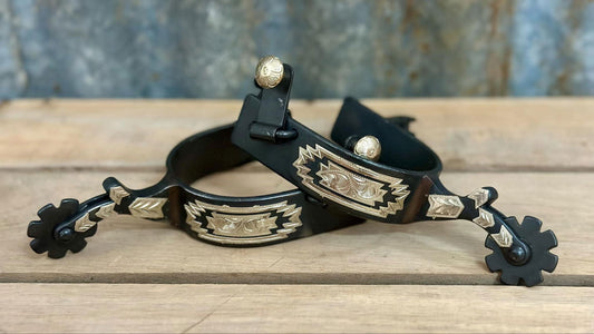 Black Steel Spur With Engraved Silver Navajo Design - Dustybutts Australia