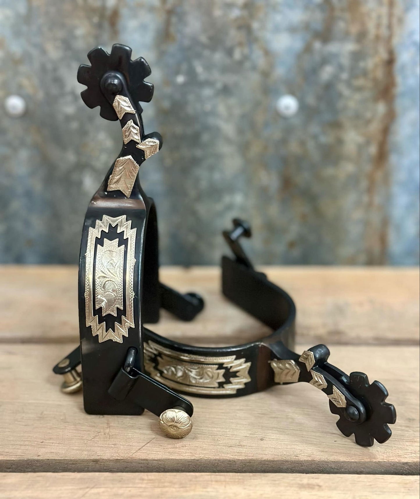 Black Steel Spur With Engraved Silver Navajo Design - Dustybutts Australia