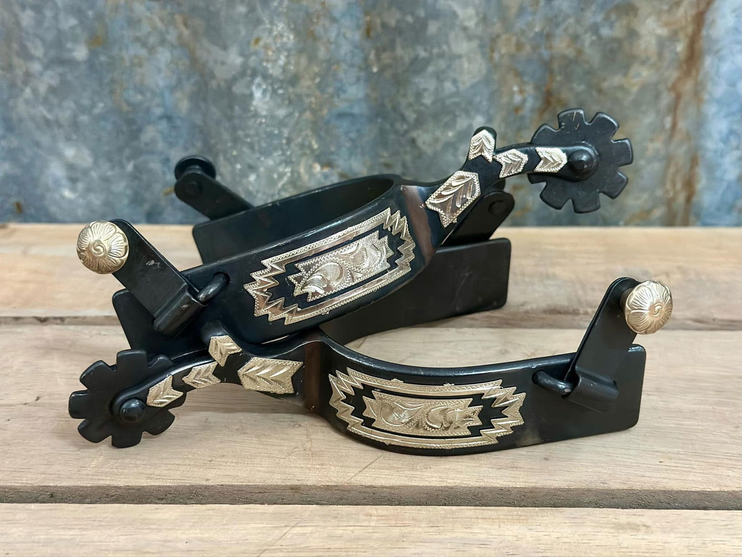 Black Steel Spur With Engraved Silver Navajo Design - Dustybutts Australia