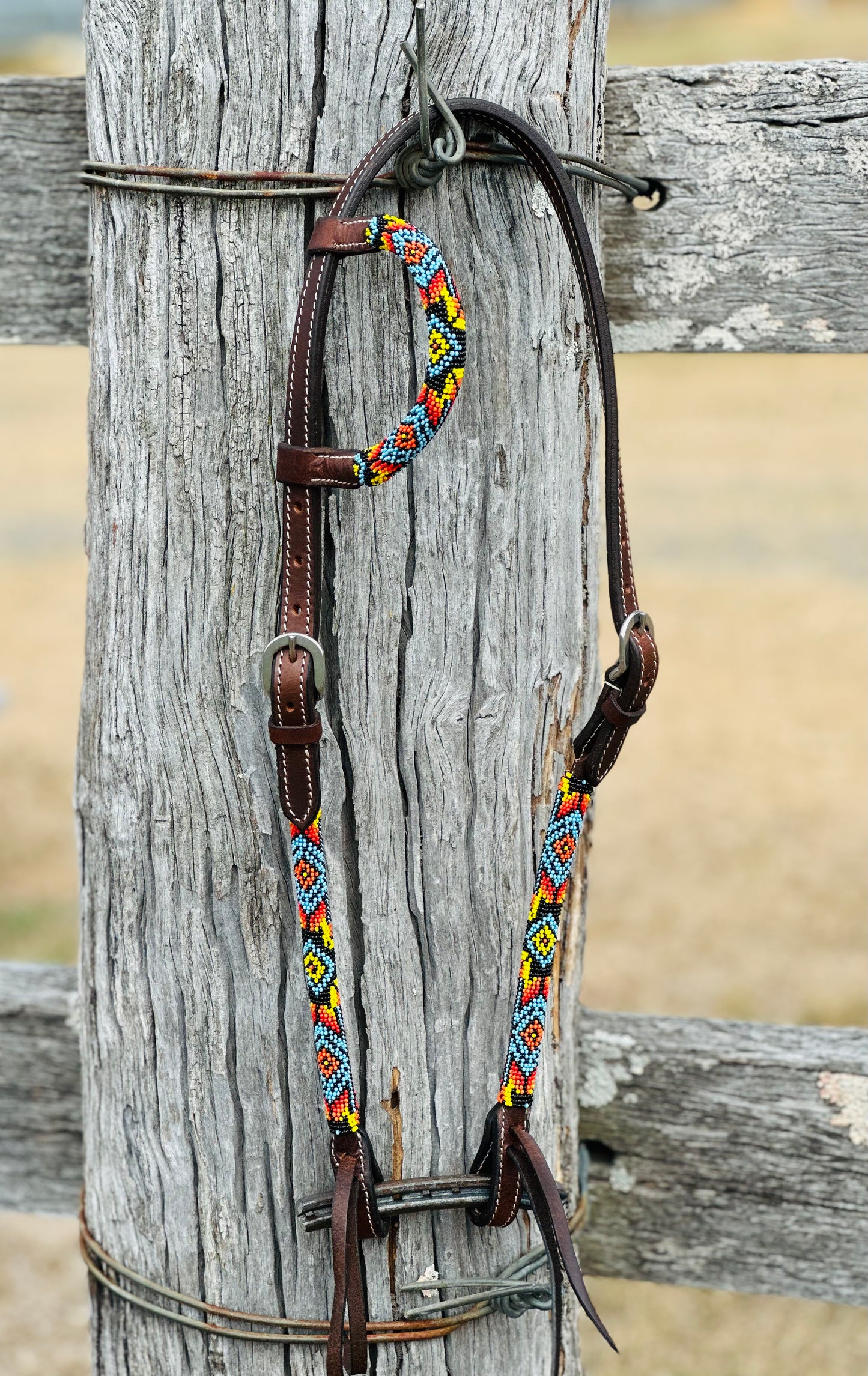Harness Leather One Eared Beaded Bridle