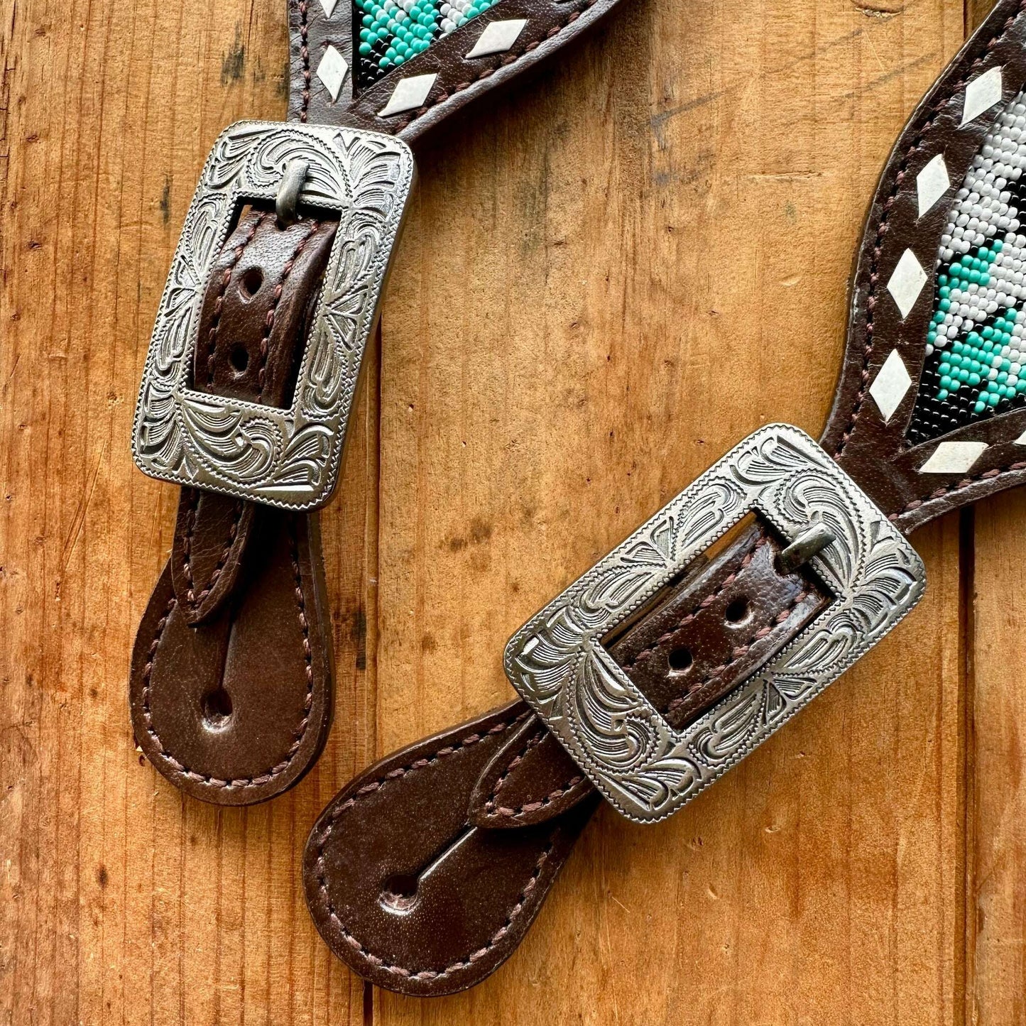 Pink and Teal Beaded Ladies Spur Straps With Bling Conchos