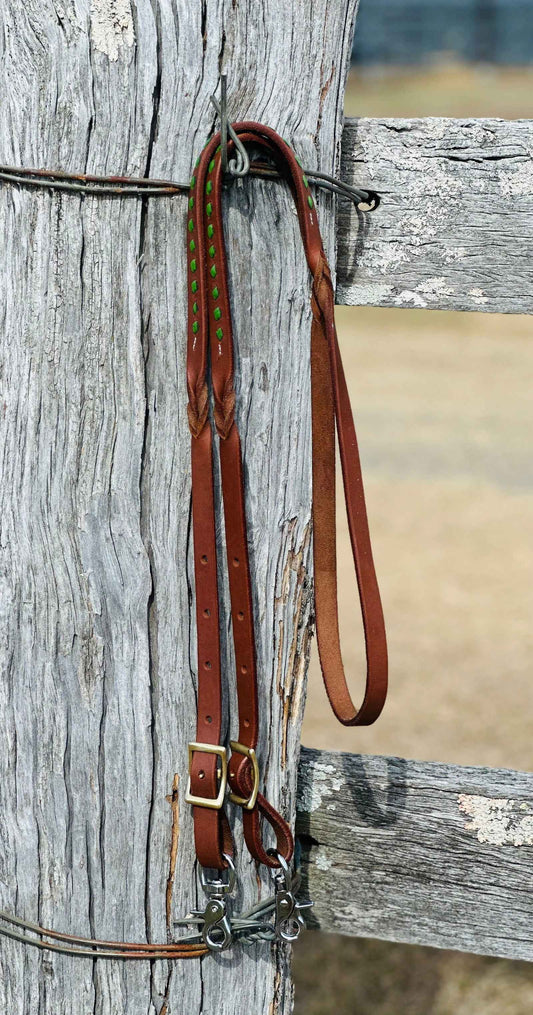 Dustybutts Harness Leather Buckstitch And Bloodknot Barrel Racing Reins - Green - Dustybutts Australia