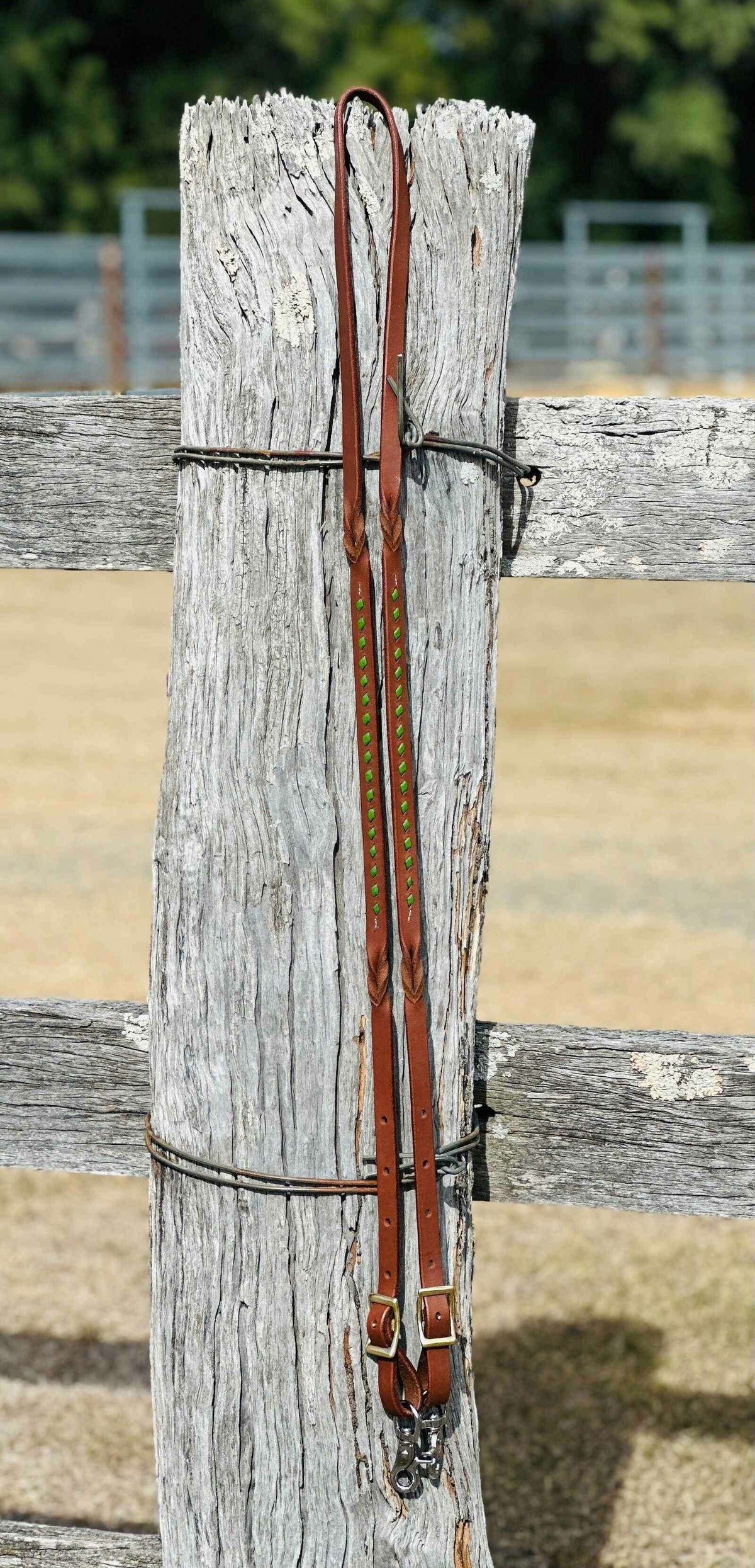 Dustybutts_Harness_Leather_Buckstitch_And_Bloodknot_Barrel_Racing_Reins_-_Green_-_Dustybutts_Australia-7732883