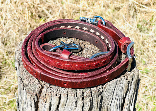Dustybutts Harness Leather Buckstitch Barrel Racing / Roping Reins - Metallic Red - Dustybutts Australia