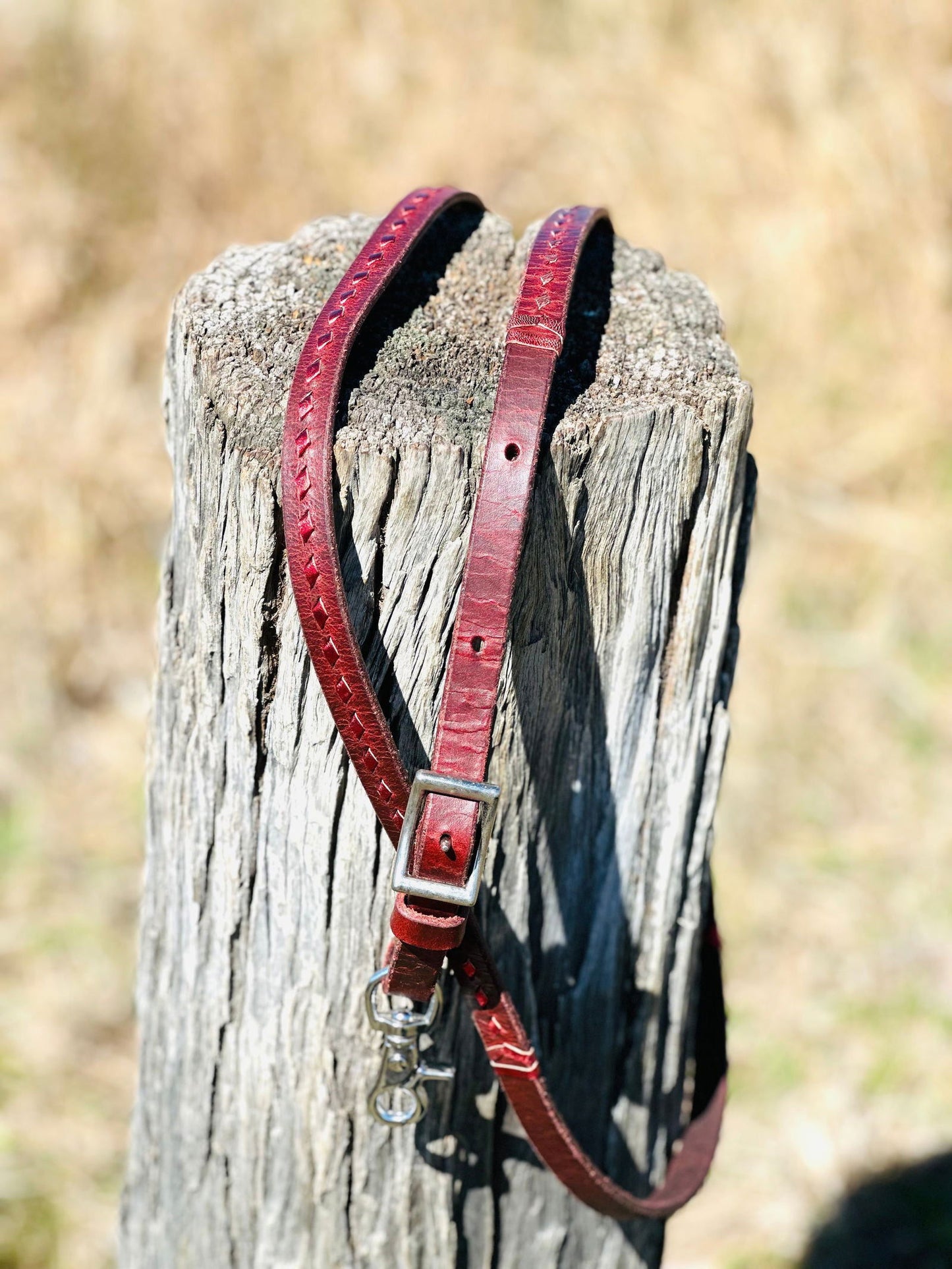 Dustybutts Harness Leather Buckstitch Barrel Racing / Roping Reins - Metallic Red - Dustybutts Australia