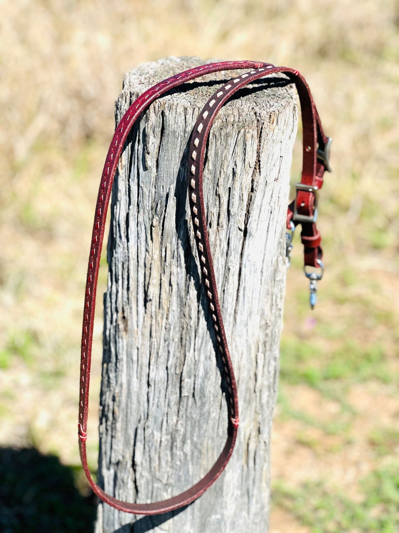 Dustybutts Harness Leather Buckstitch Barrel Racing / Roping Reins - Metallic Red - Dustybutts Australia