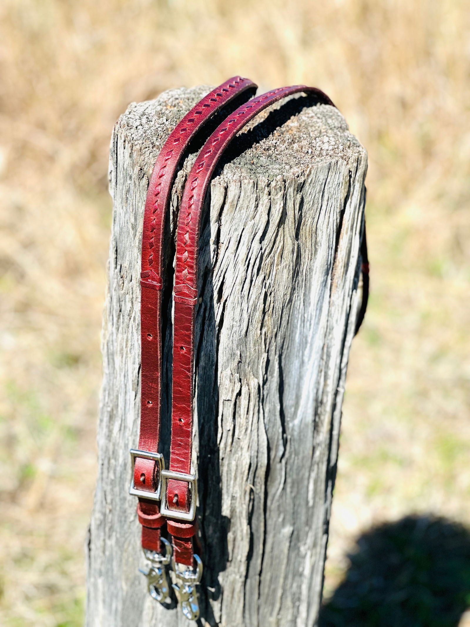Dustybutts Harness Leather Buckstitch Barrel Racing / Roping Reins - Metallic Red - Dustybutts Australia