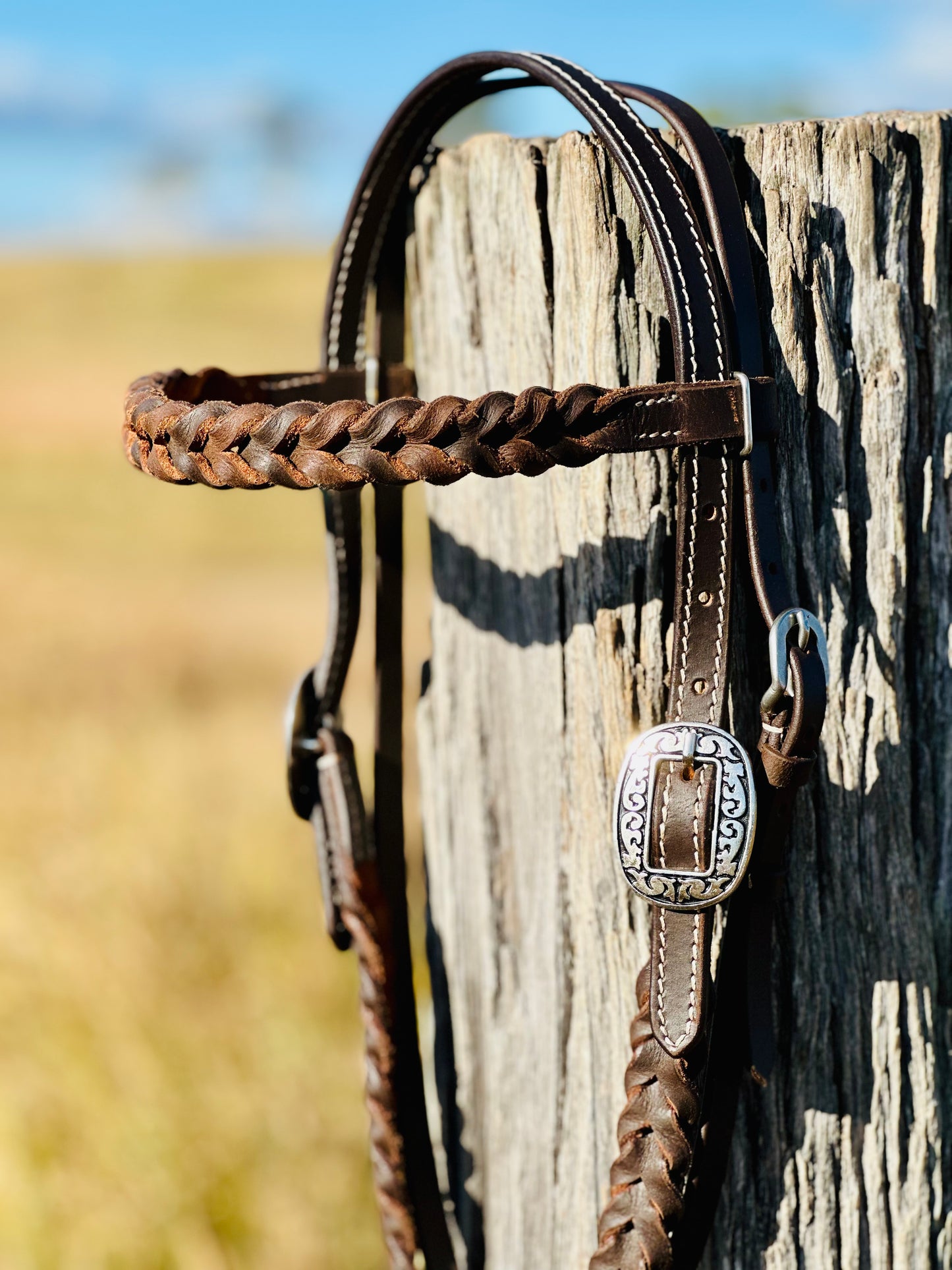 Harness Leather Braided Browband Bridle With Floral Engraved Buckle