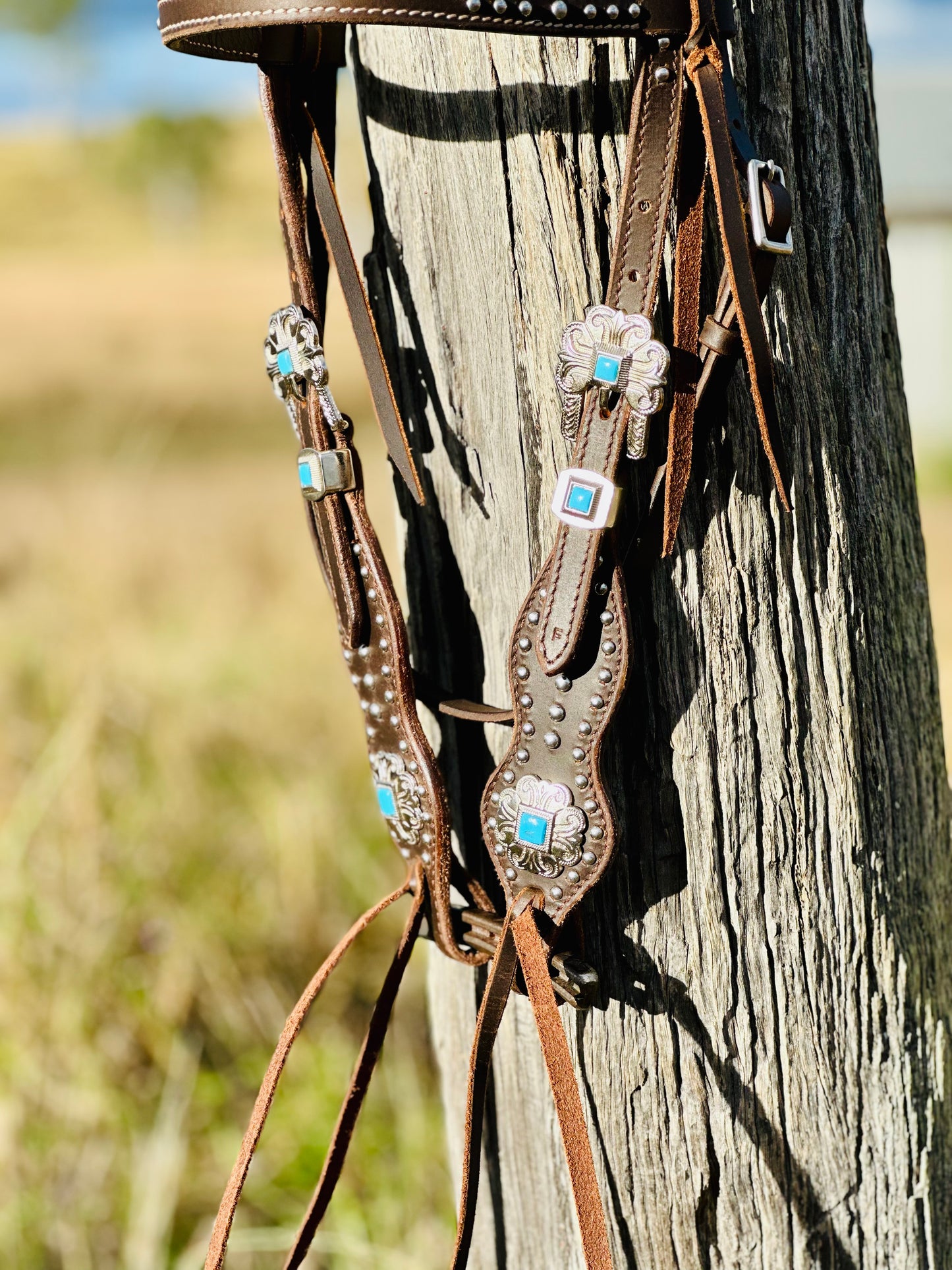 Dustybutts Leather Bridle With Turquoise & Silver Buckles, Conchos & Silver Studs
