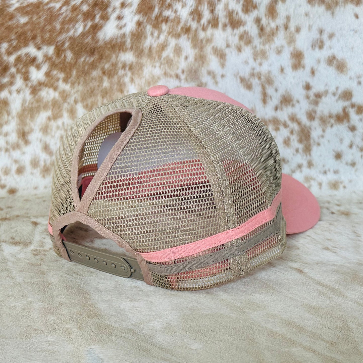 Dustybutts Trucker Cap // Ponytail // Pink & Tan