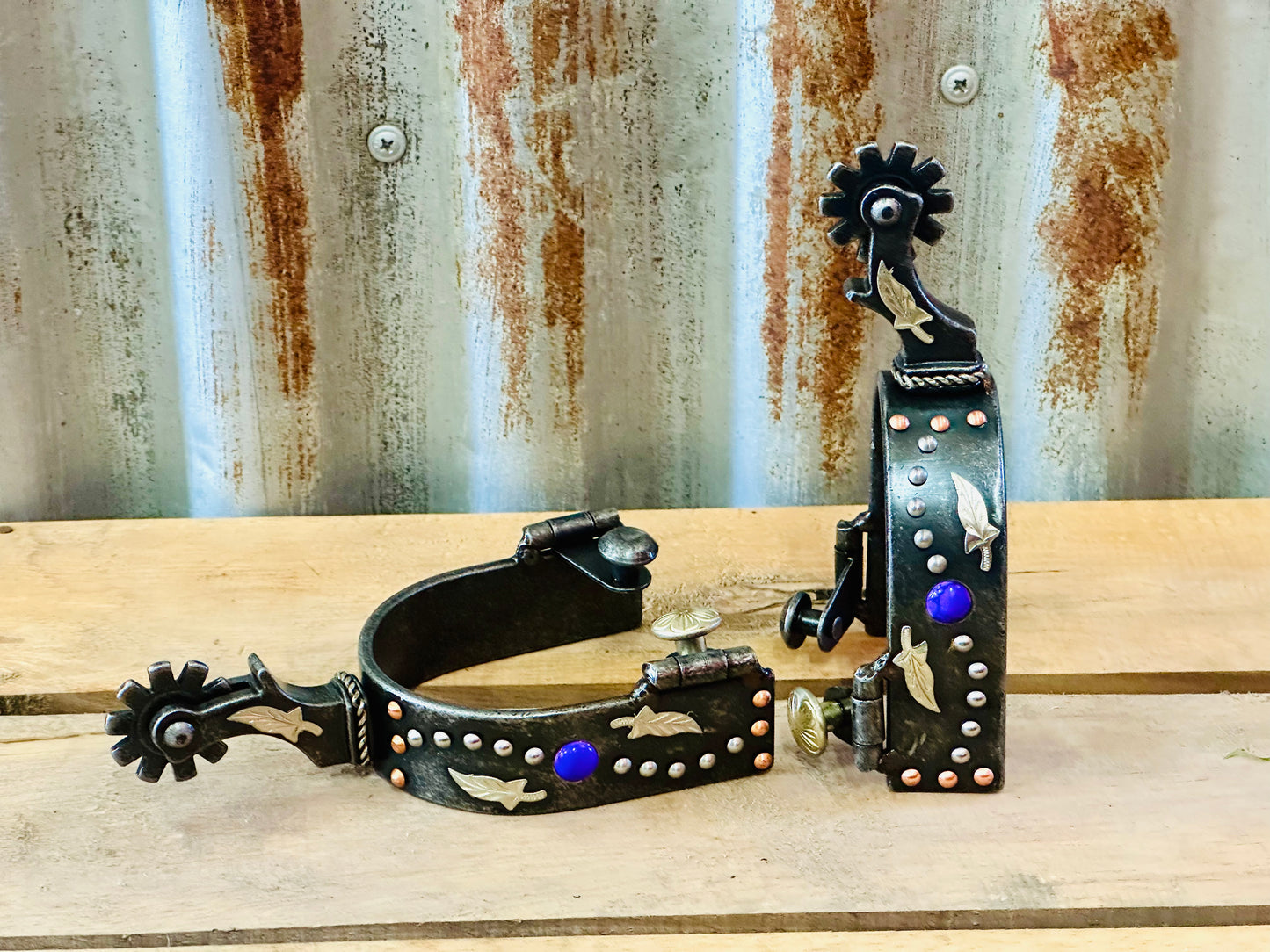 Antique Grey Steel Spur With Purple Marble Studs
