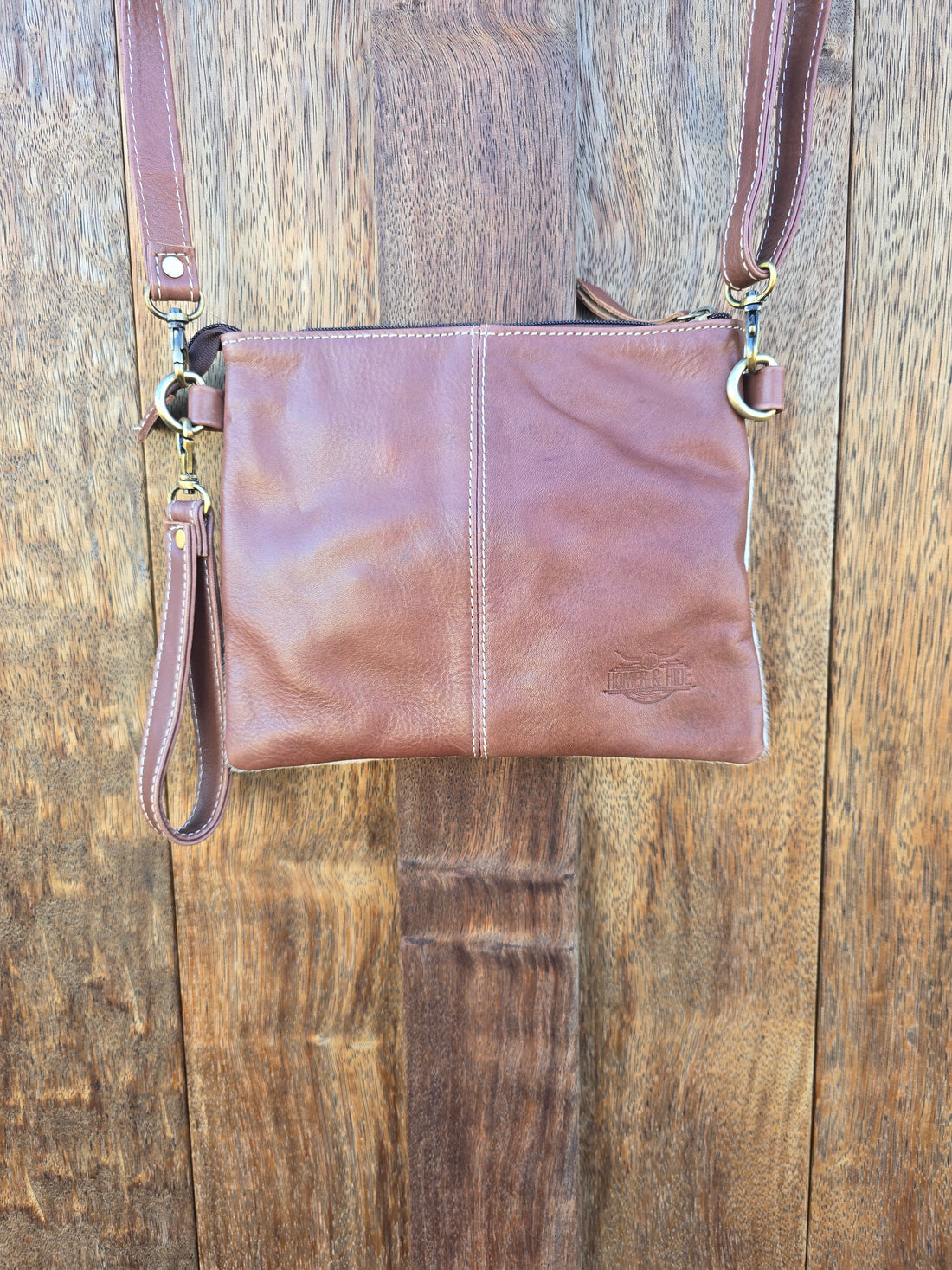 Homer & Hide Cowhide Crossbody with Tooling Detail // Brown - Dustybutts Australia