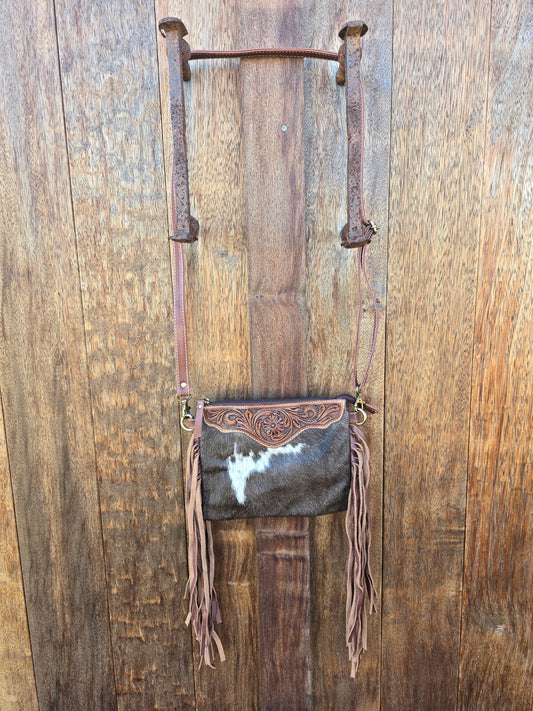 Homer & Hide Cowhide Crossbody with Tassels & Tooling Detail // Brown - Dustybutts Australia