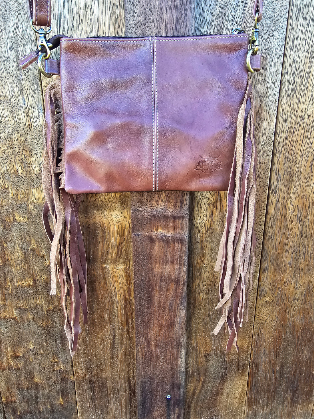 Homer & Hide Cowhide Crossbody with Tassels & Tooling Detail // Brown
