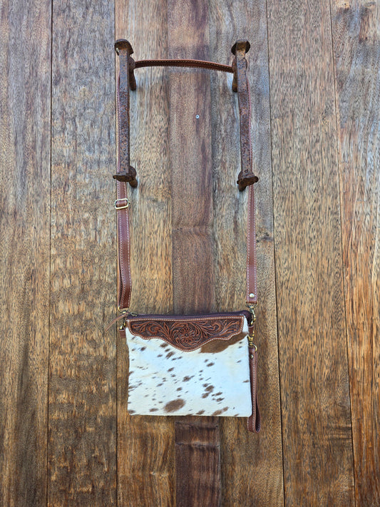 Homer & Hide Cowhide Crossbody with Tooling Detail // Brown - Dustybutts Australia