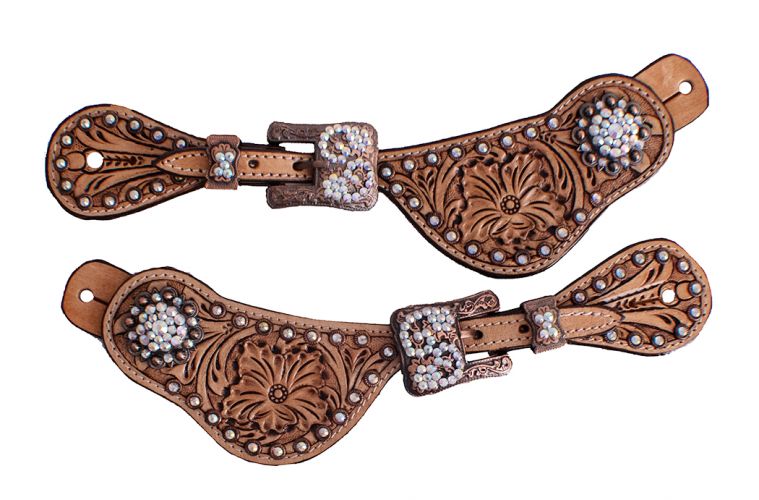 Ladies Crystal Rhinestone Spur Strap with Floral Tooling