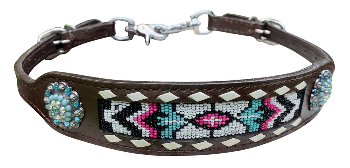 Dark Leather Beaded Wither Strap With White Rawhide Lacing