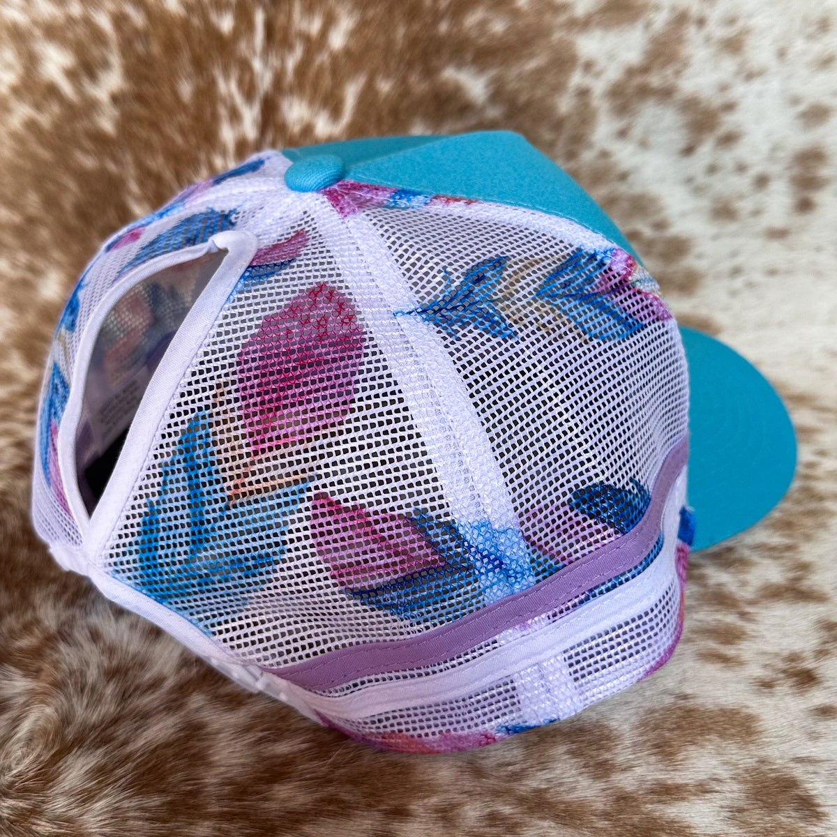 Dustybutts Trucker Cap // Ponytail // Light Blue & Feather