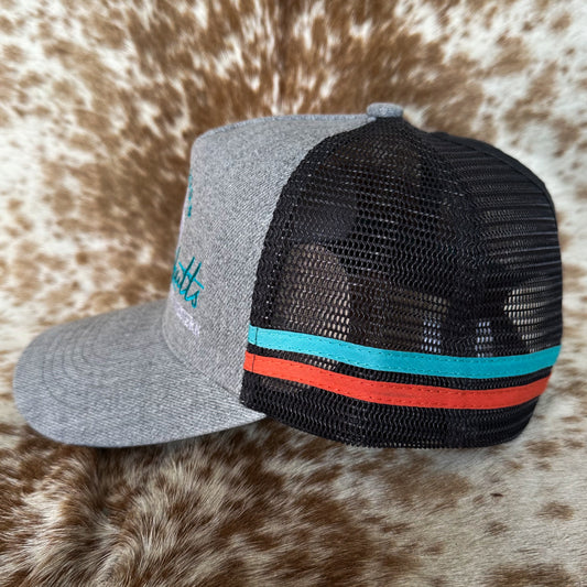 Dustybutts Trucker Cap // Ponytail // Grey, Turquoise & Coral