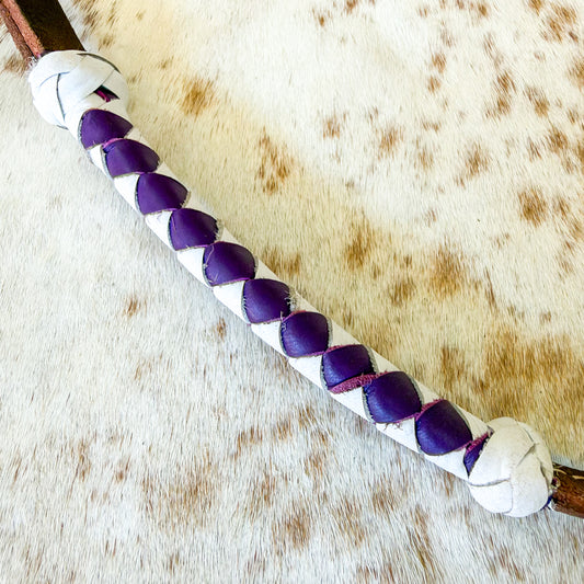 Dustybutts Rolled Harness Braided Leather Quirt / White & Purple