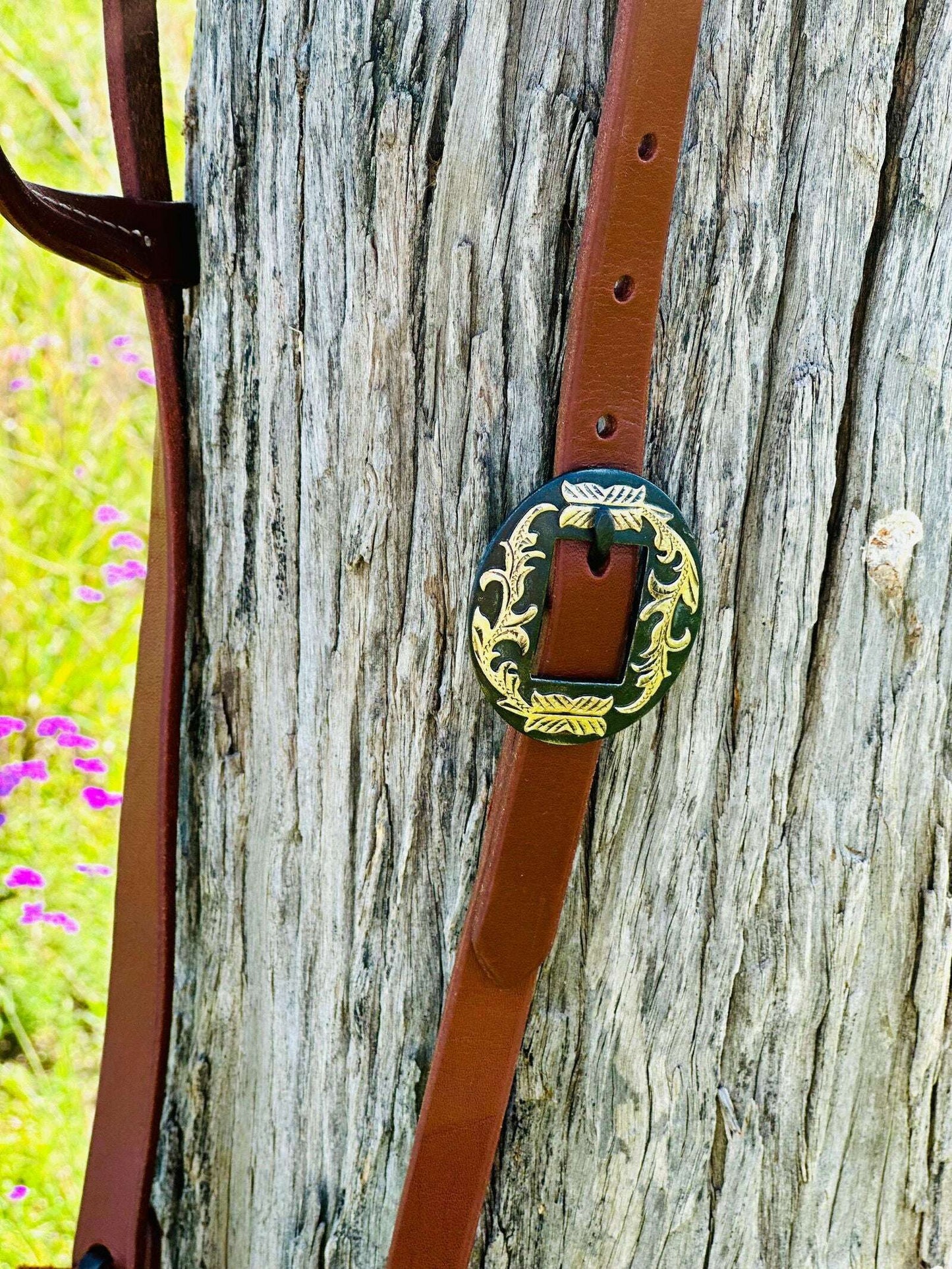 Oiled_Harness_Single_Ear_Bridle_With_Floral_Antique_Buckle_-_Dustybutts_Australia-7509422