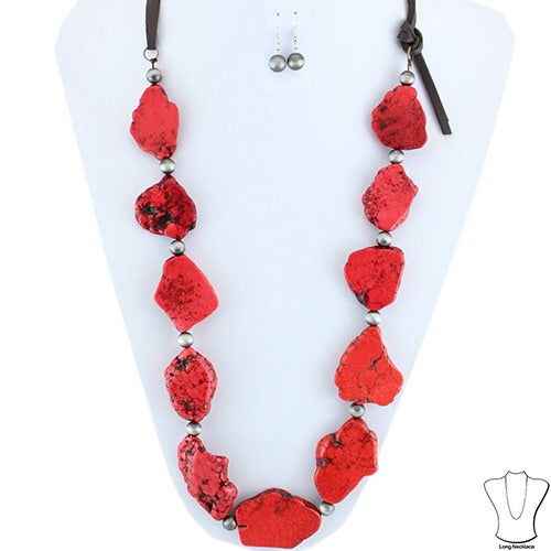 Stone Necklace & Earring Set With Leather Straps - Red - Dustybutts Australia
