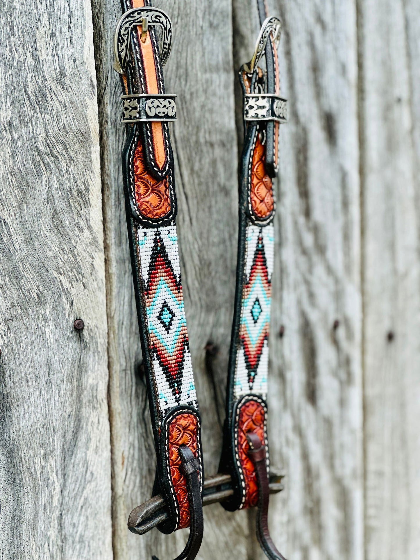 Two Tone Argentina Cow Leather One Ear Bridle with Southwest Beaded Inlays - Dustybutts Australia