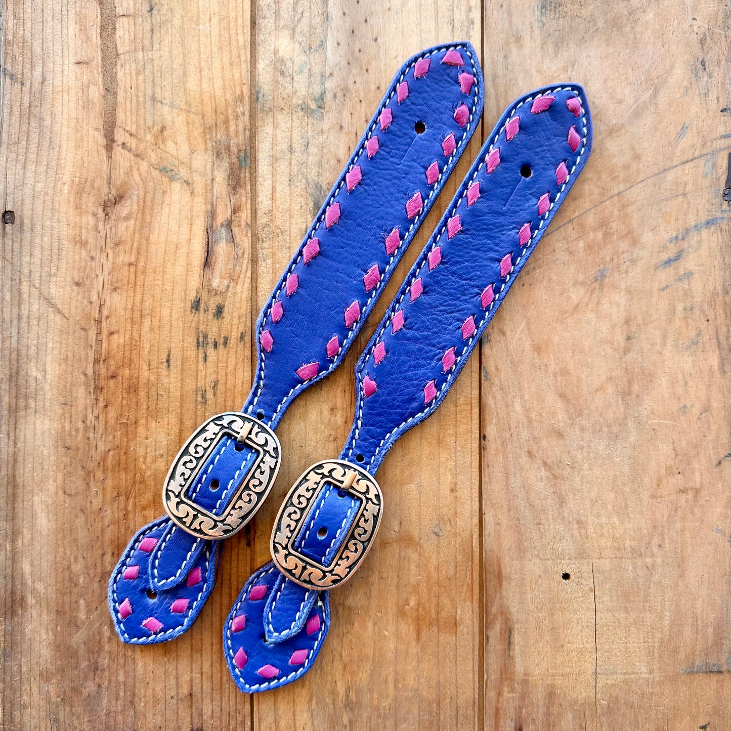Indigo Leather Spur Straps With Pink Buckstitch
