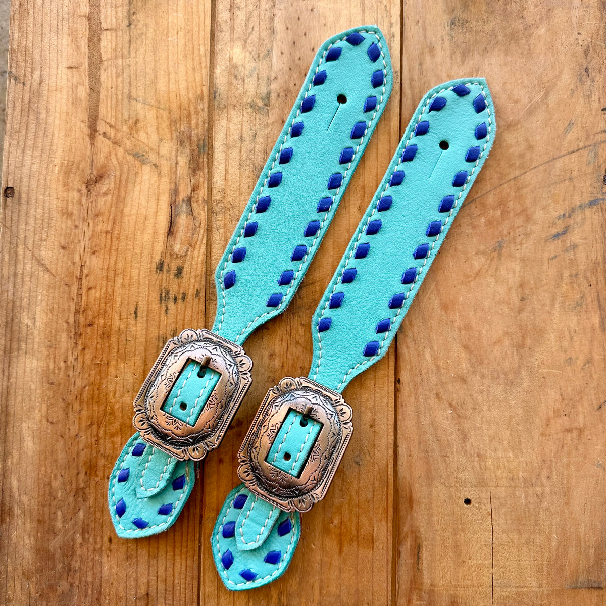 Teal Leather Spur Straps With Dark Blue Buckstitch