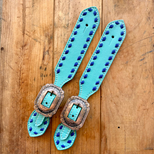Teal Leather Spur Straps With Dark Blue Buckstitch