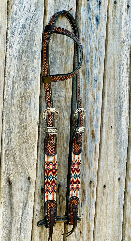 Two Tone Argentina Cow Leather One Ear Bridle with Aztec Beaded Inlays