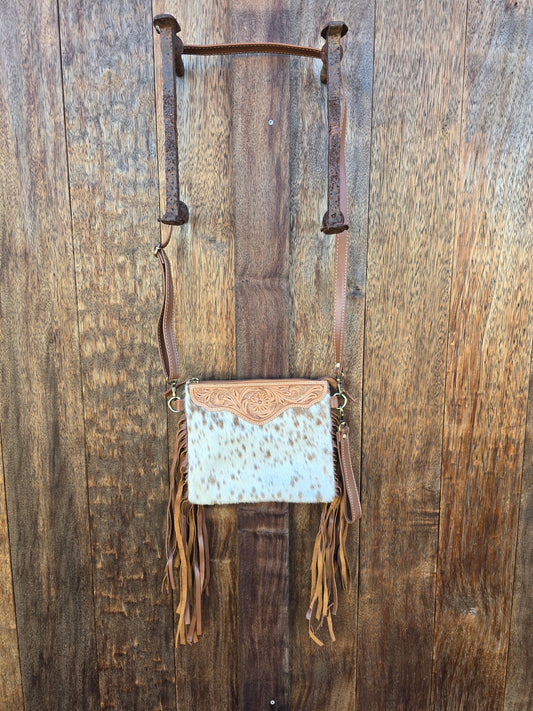 Homer & Hide Cowhide Crossbody with Tassels & Tooling Detail // Tan