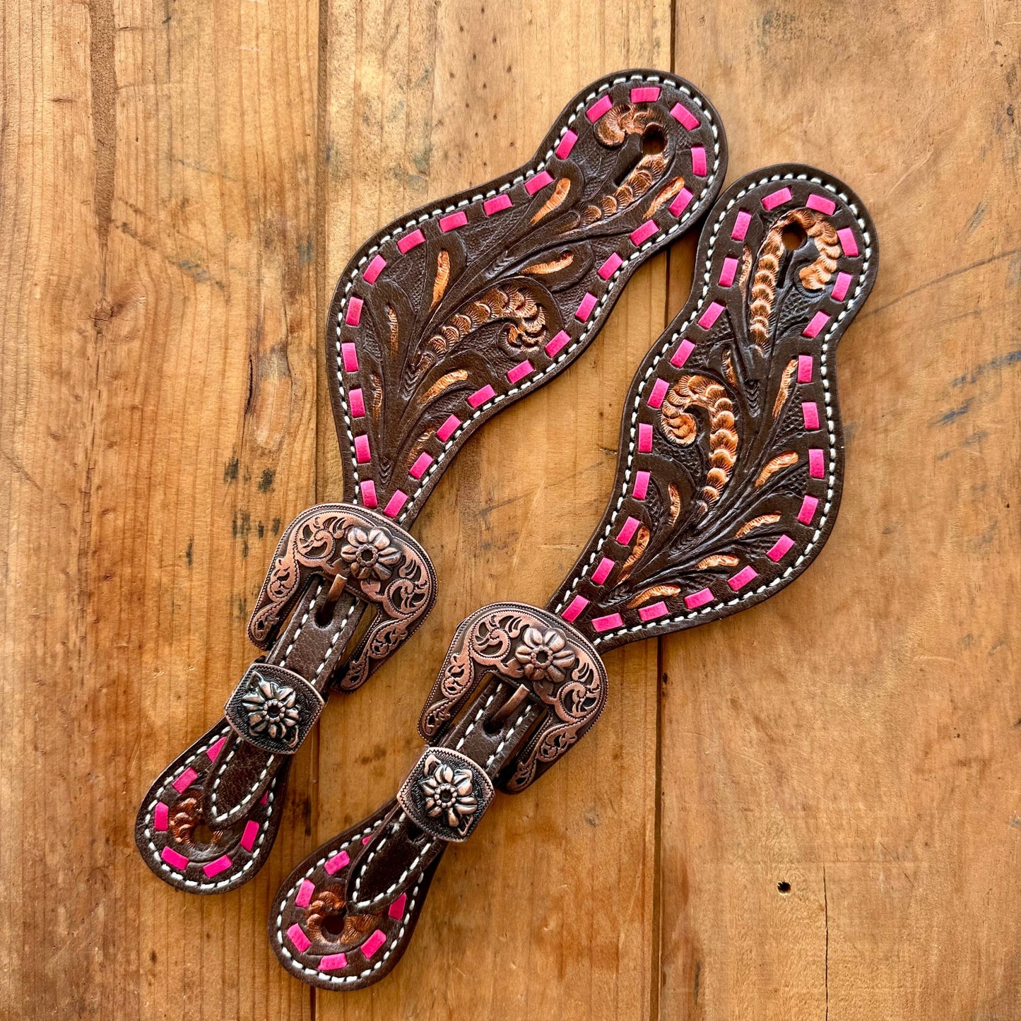 Leather Spur Straps With Floral Design & Pink Buckstitch