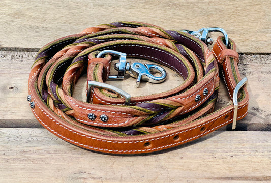 Dustybutts Harness Leather Bloodknot Barrel / Roping Reins With Sunspot Studs
